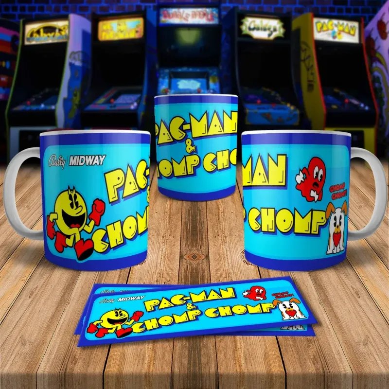 Pac Man & Chomp Chomp 8Bit Retro arcade Gaming Mug - Fun Design!