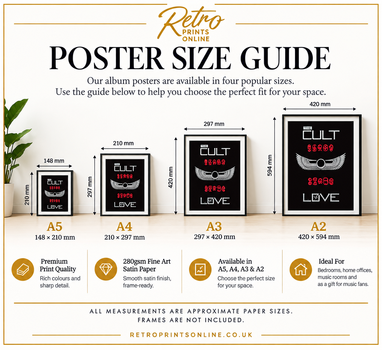 Poster size guide showing A5, A4, A3 and A2 poster dimensions in millimetres